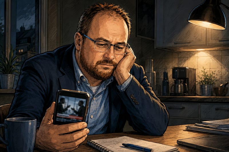 Daniel Kaszanics sitzt müde am Küchentisch und blickt auf sein Smartphone.