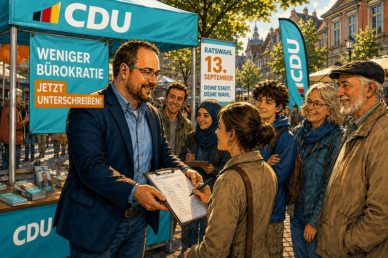 Daniel Kaszanics am CDU-Wahlkampfstand mit einer Unterschriftenliste, umringt von Bürgerinnen und Bürgern.