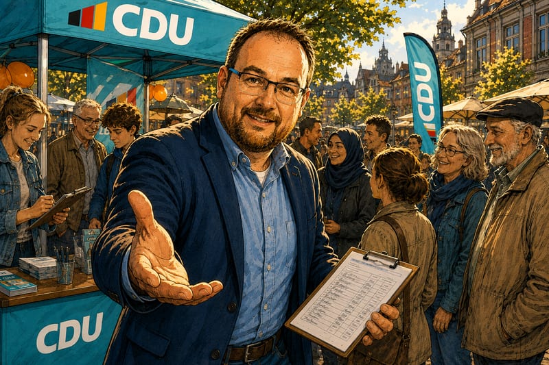 Daniel Kaszanics wendet sich mit offener Hand einladend an die Betrachtenden.